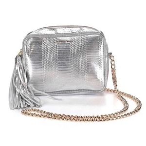 Victoria's Secret Silver Metallic Crossbody Purse Handbag Tassel Chain Strap